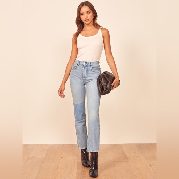 Reformation Denim - Reformation Cynthia Patch High Rise Straight Jeans in Tahoe Size 25